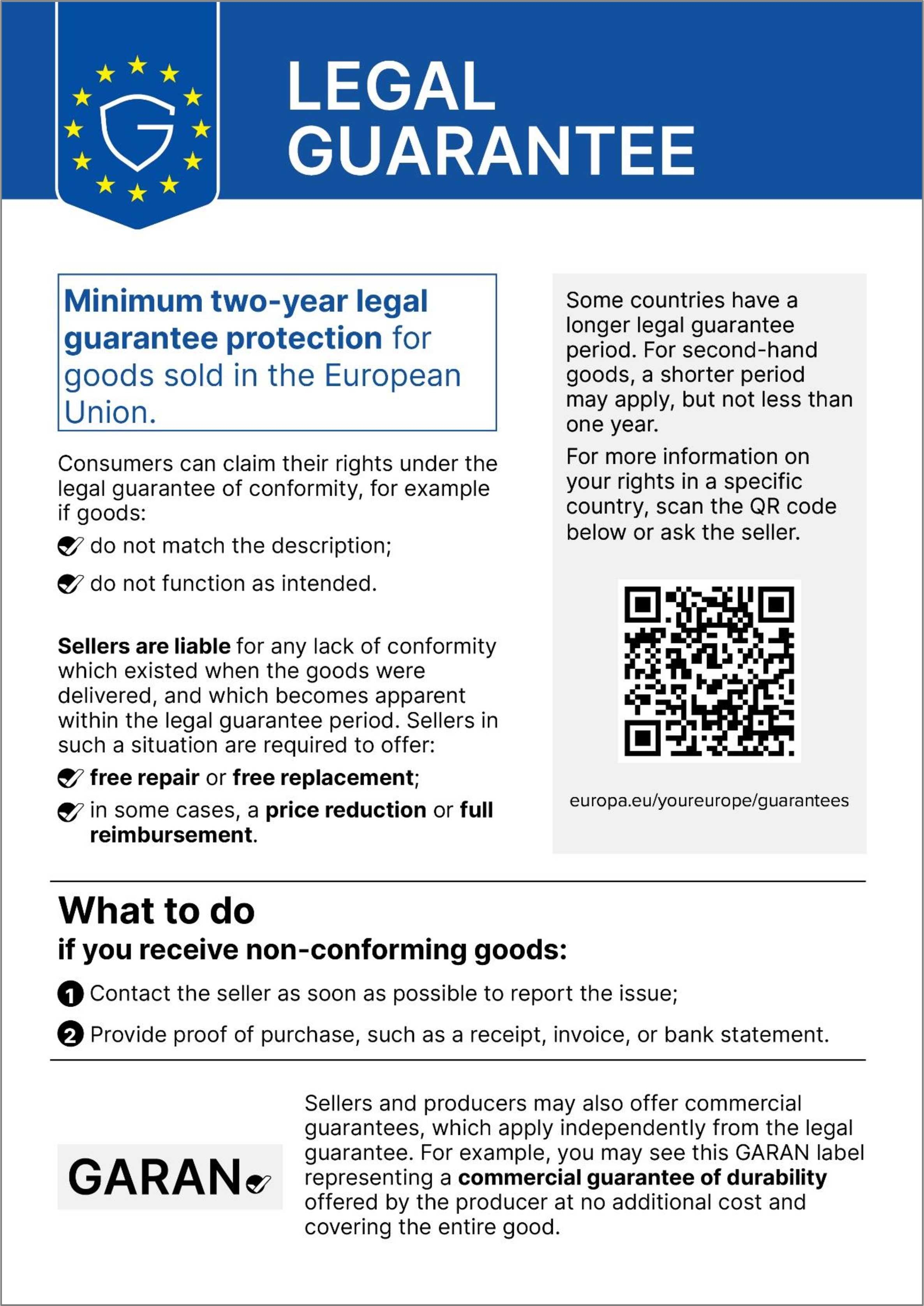 Harmonised notice on the legal guarantee of conformity for goods